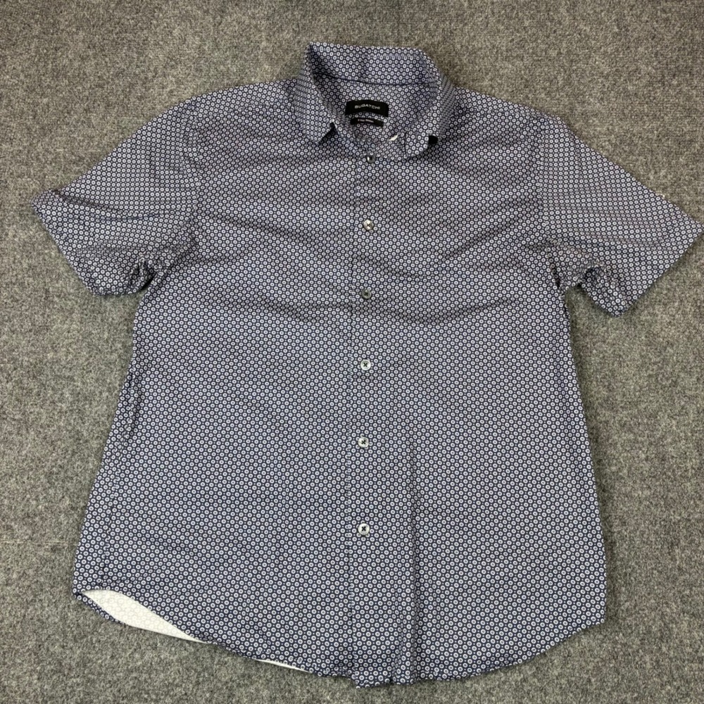 Bugatchi Mens 8 Way Stretch Short Sleeve Button Down Shirt Navy Medallion Print
